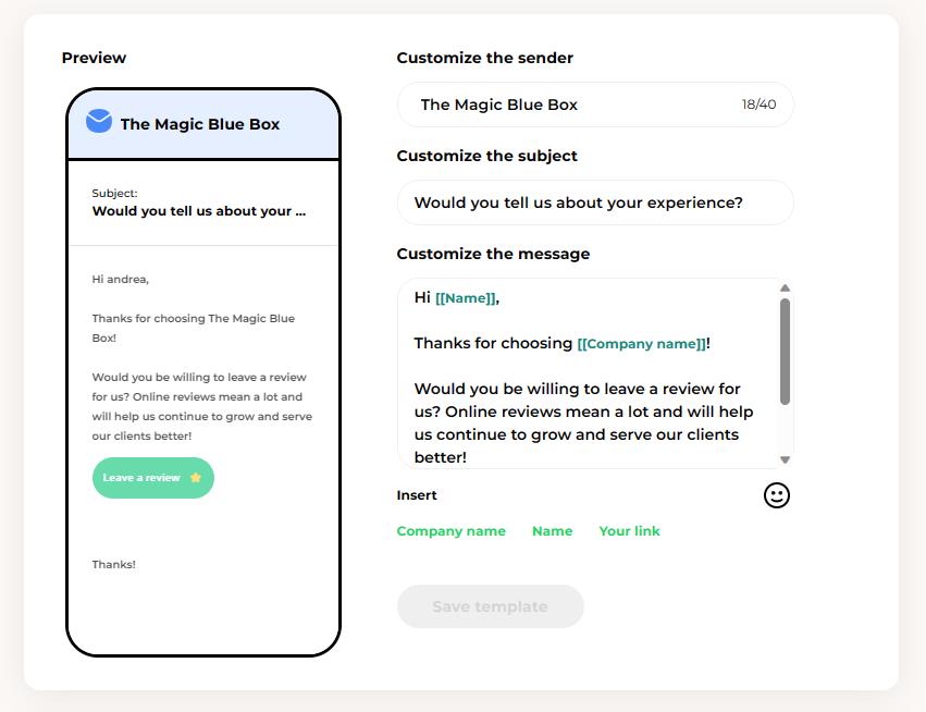Preview of an SMS message template. You can customize your message template and use variables such as your client's name and your company name.
